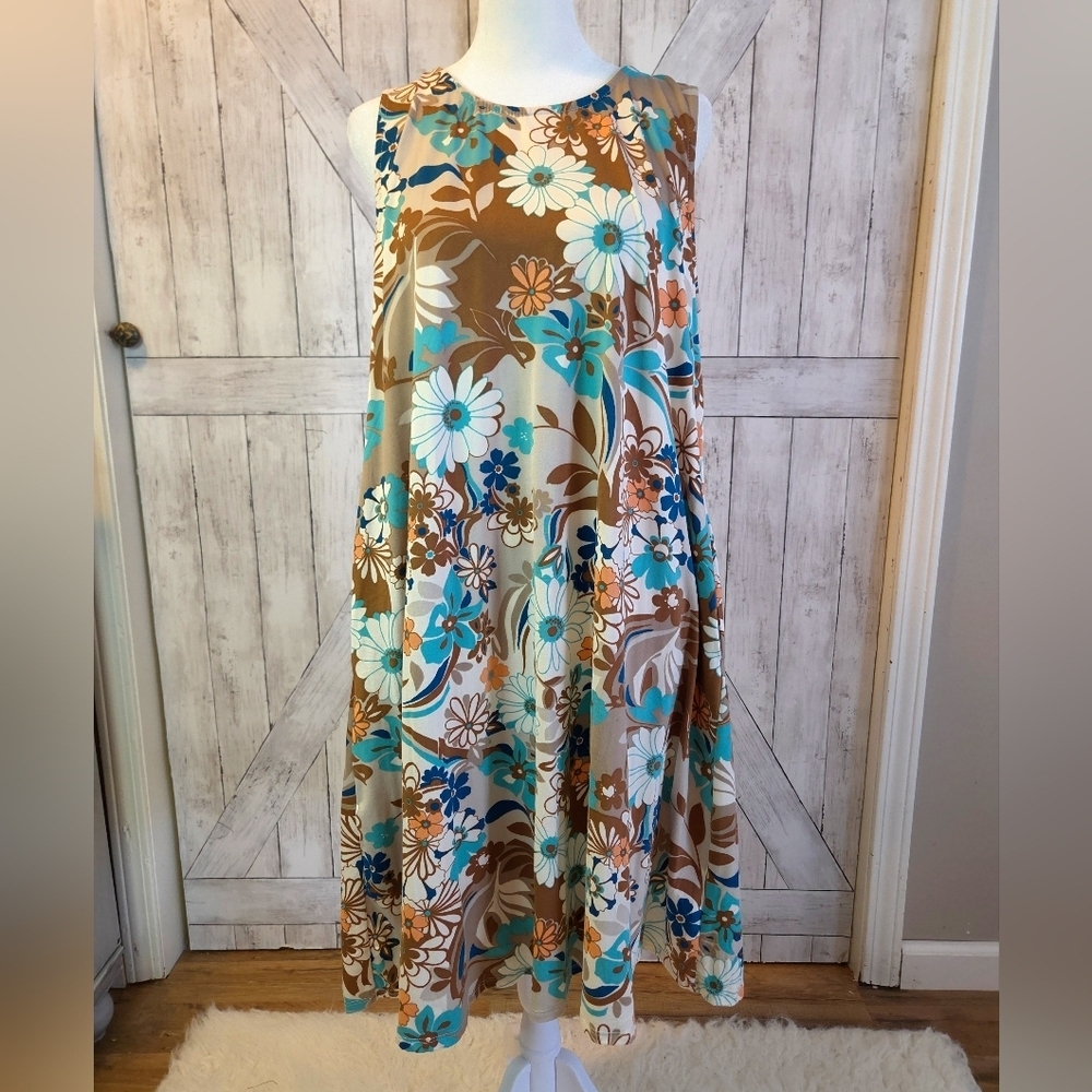 Floral Midi Dress in Brown and Blue